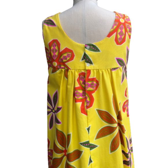Vintage 50s/60s Hoaloha Hawaiian Barkcloth Yellow Floral Maxi Tiki Dress XS/S - Picture 7 of 14